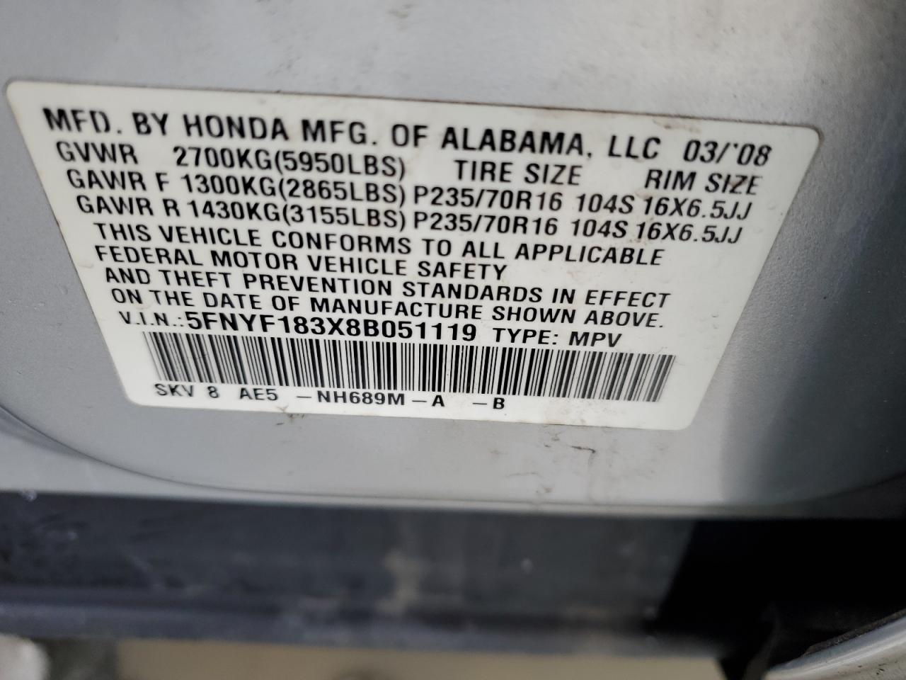 2008 Honda Pilot VIN 5FNYF183X8B051119 Copart auction photo, front end / minor dent/scratches damage thumbnail 15