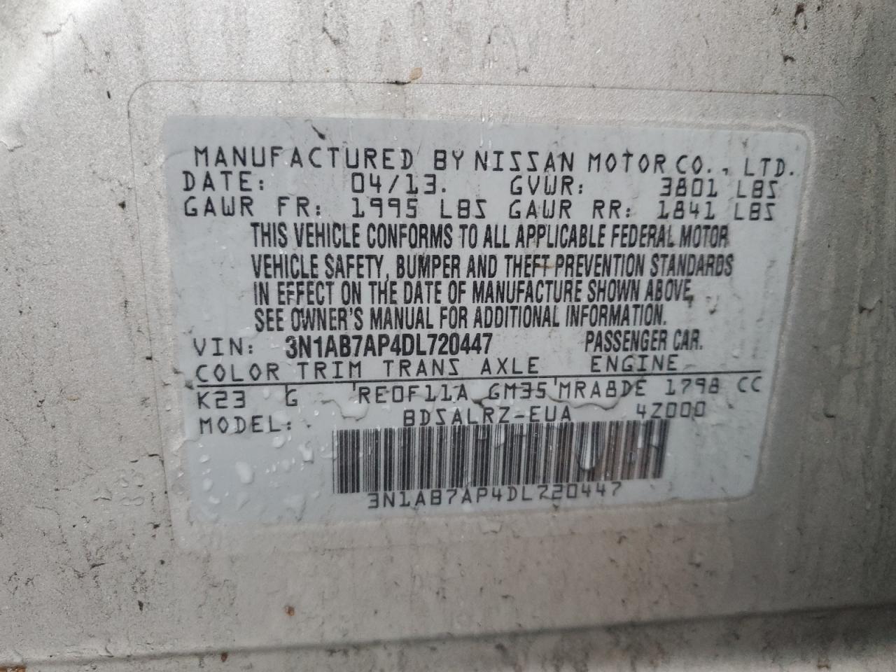 2013 Nissan Sentra VIN 3N1AB7AP4DL720447 Copart auction photo, undercarriage / front end damage thumbnail 14