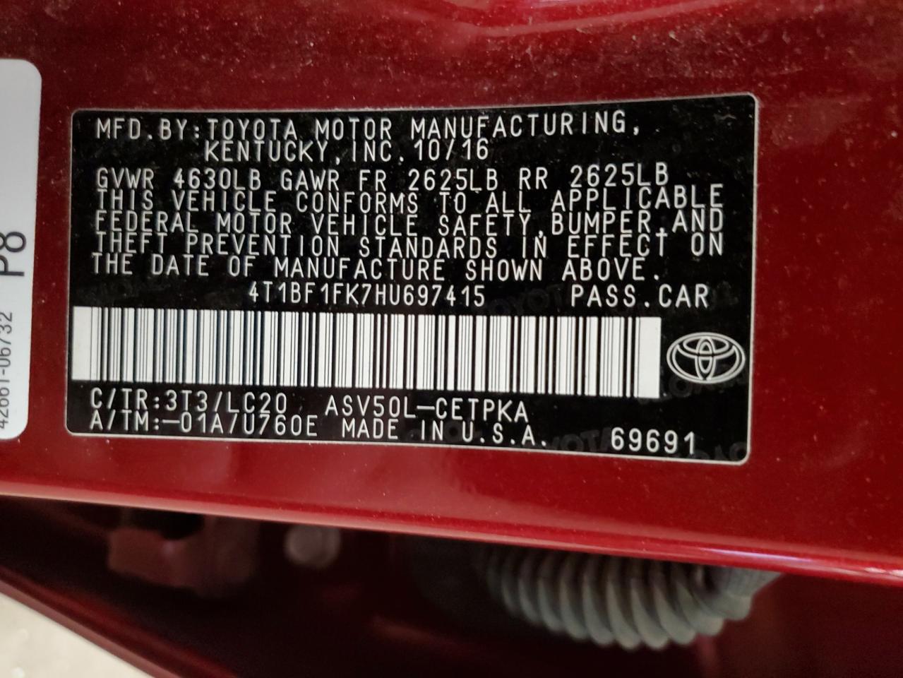 2017 Toyota Camry VIN 4T1BF1FK7HU697415 Copart auction photo, side / rear end damage thumbnail 12