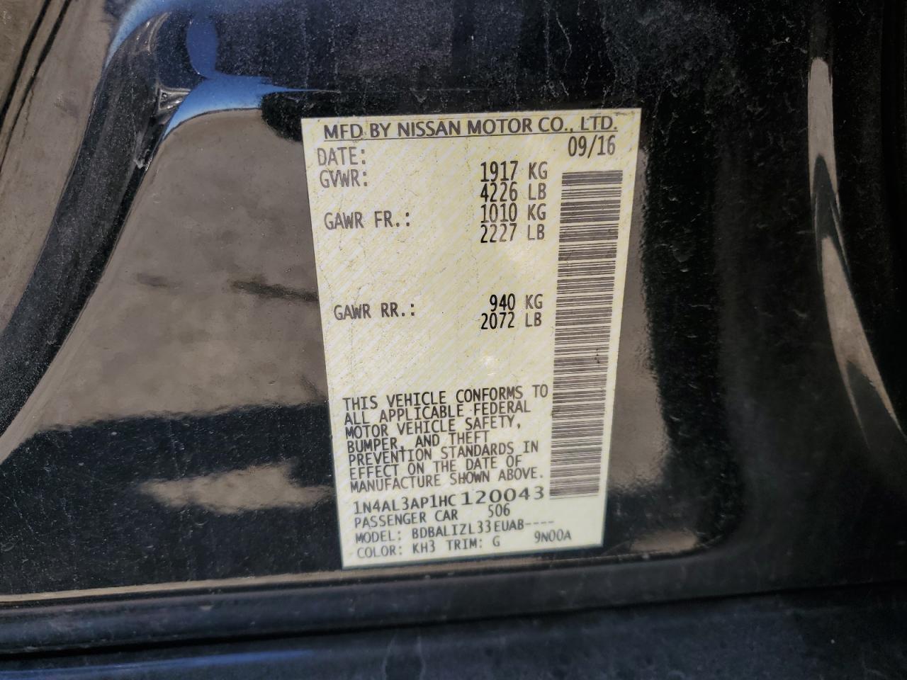 2017 Nissan Altima VIN 1N4AL3AP1HC120043 Copart auction photo, normal wear / minor dent/scratches damage thumbnail 12