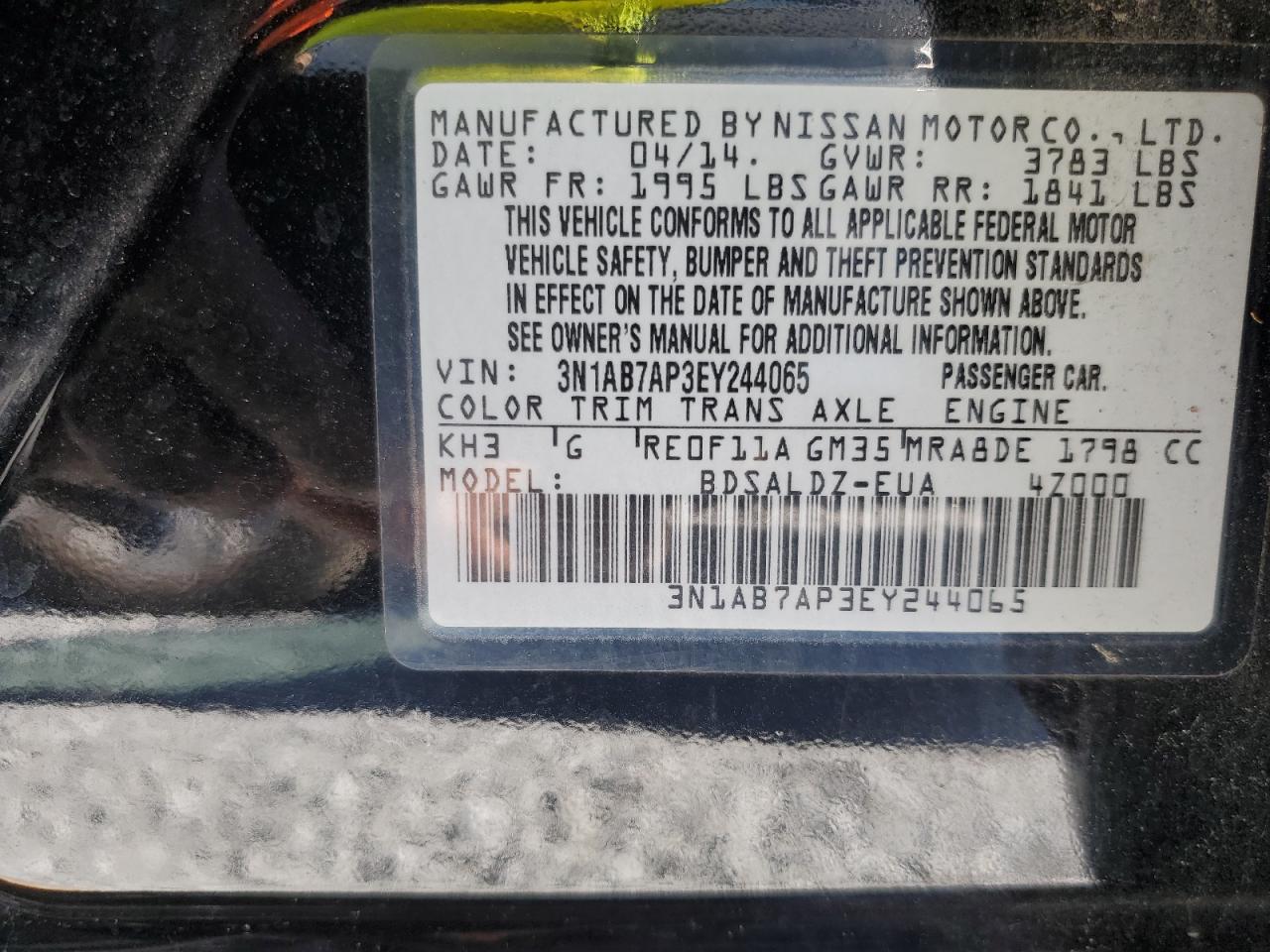 2014 Nissan Sentra VIN 3N1AB7AP3EY244065 Copart auction photo, rear end damage thumbnail 12