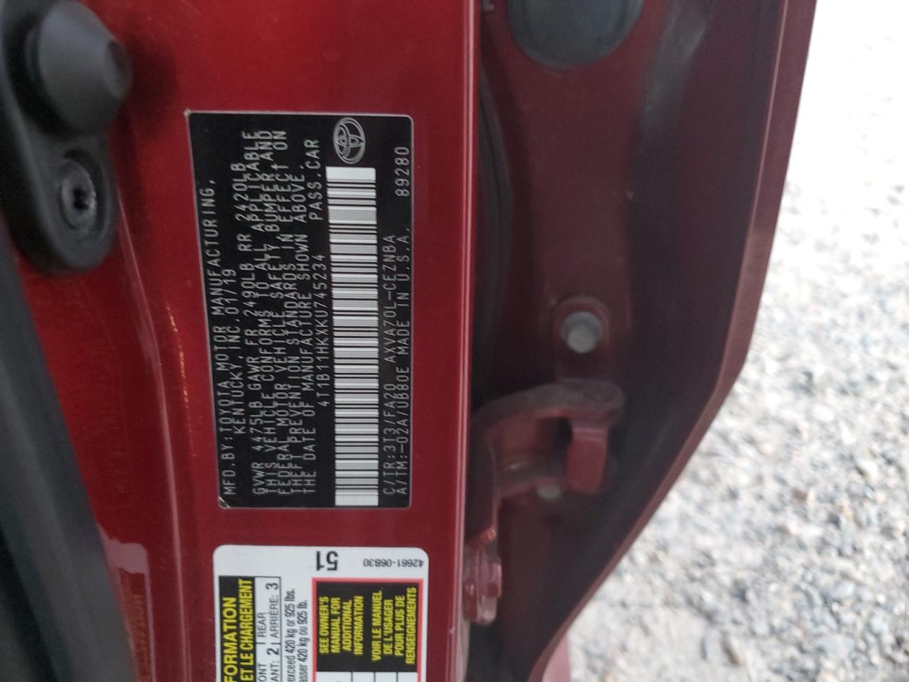 2019 Toyota Camry VIN 4T1B11HKXKU745234 Copart auction photo, front end damage thumbnail 15