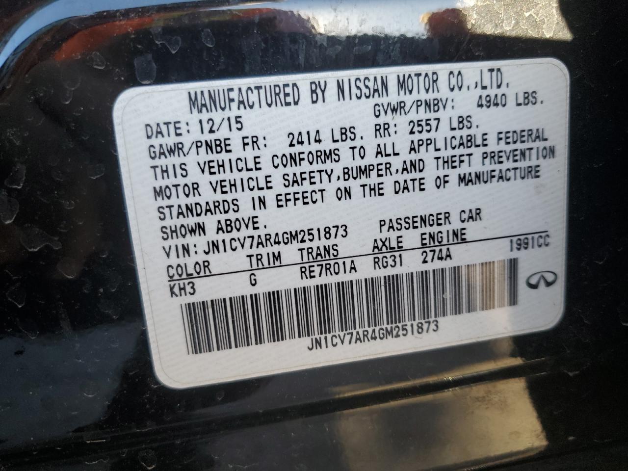 2016 Infiniti Q50 VIN JN1CV7AR4GM251873 Copart auction photo, front end damage thumbnail 12