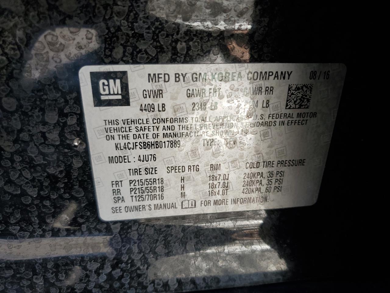 2017 Buick Encore VIN KL4CJFSB6HB017889 Copart auction photo, hail damage thumbnail 13