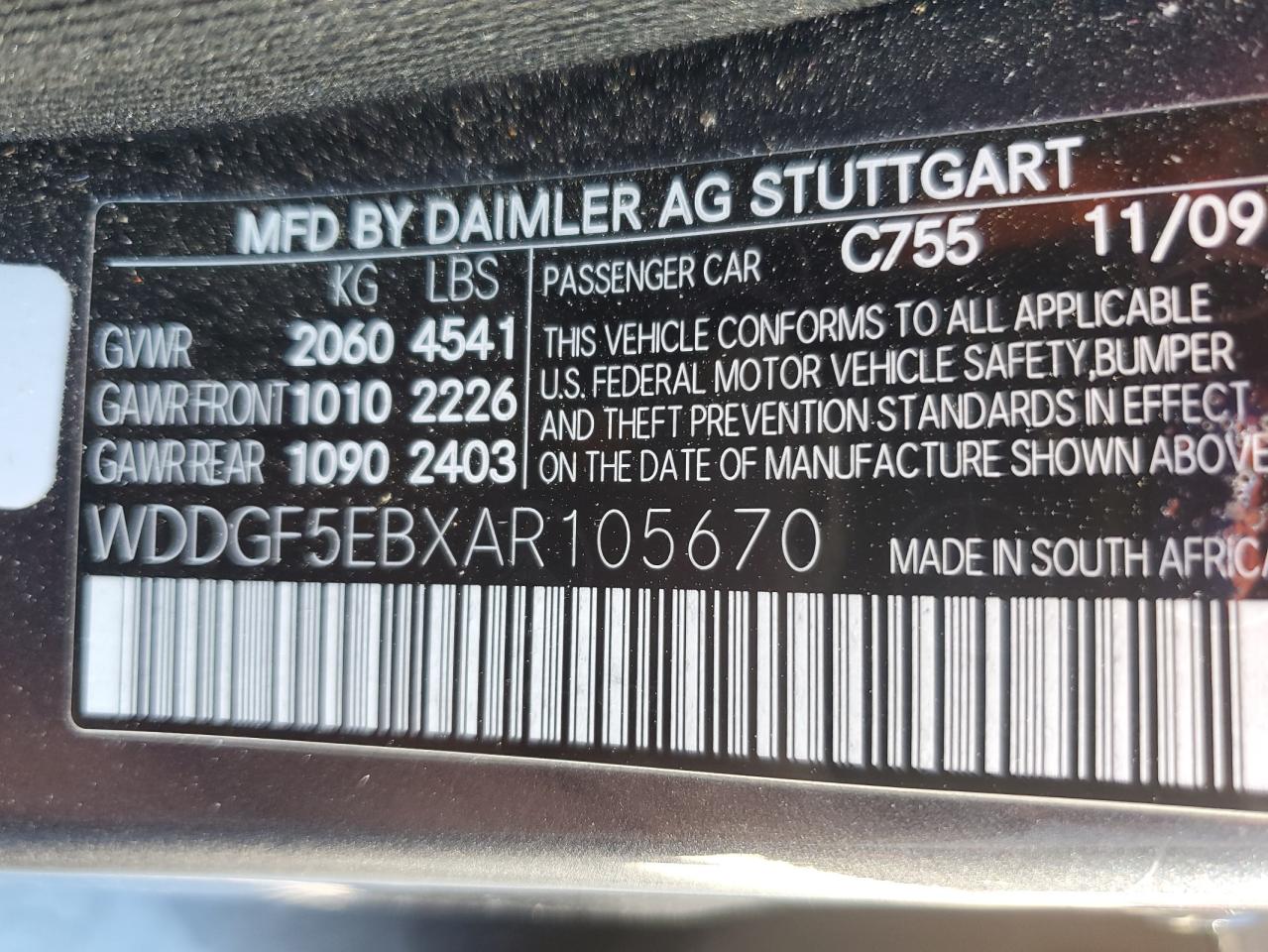 2010 Mercedes-Benz C-klasse VIN WDDGF5EBXAR105670 Copart auction photo, side damage thumbnail 12