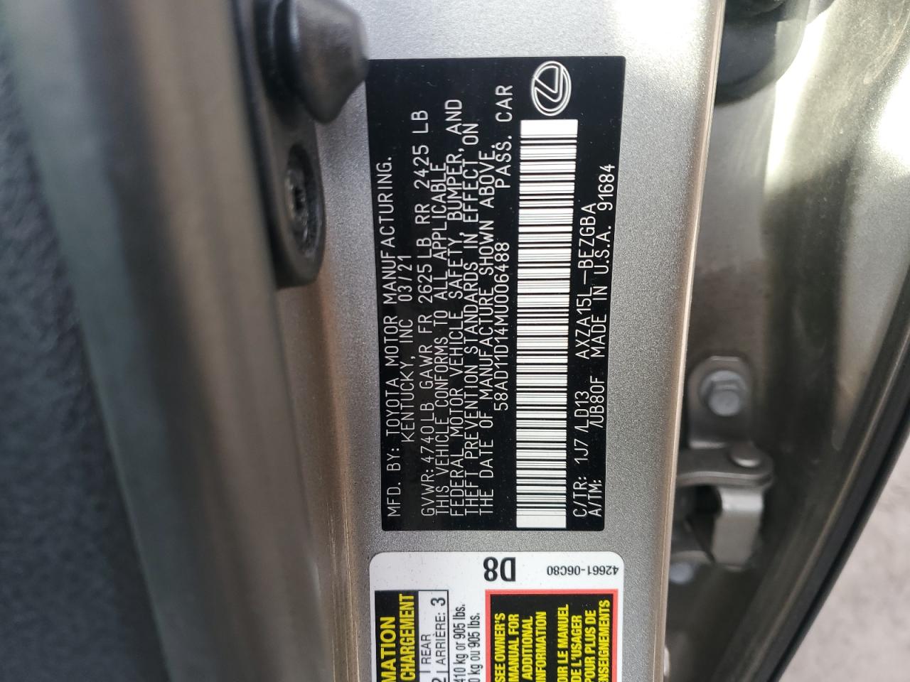 2021 Lexus ES VIN 58AD11D14MU006488 Copart auction photo, side damage thumbnail 14