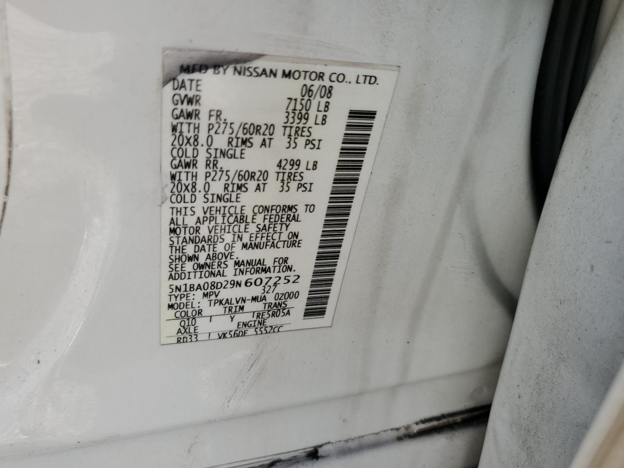 2009 Nissan Armada VIN 5N1BA08D29N607252 Copart auction photo, water/flood damage thumbnail 14