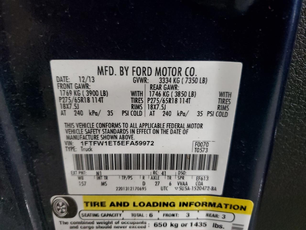 2014 Ford F-150 VIN 1FTFW1ET5EFA59972 Copart auction photo, front end / minor dent/scratches damage thumbnail 14