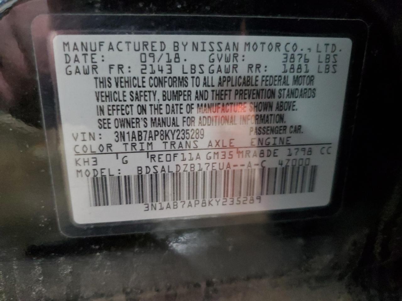 2019 Nissan Sentra VIN 3N1AB7AP8KY235289 Copart auction photo, front end damage thumbnail 12