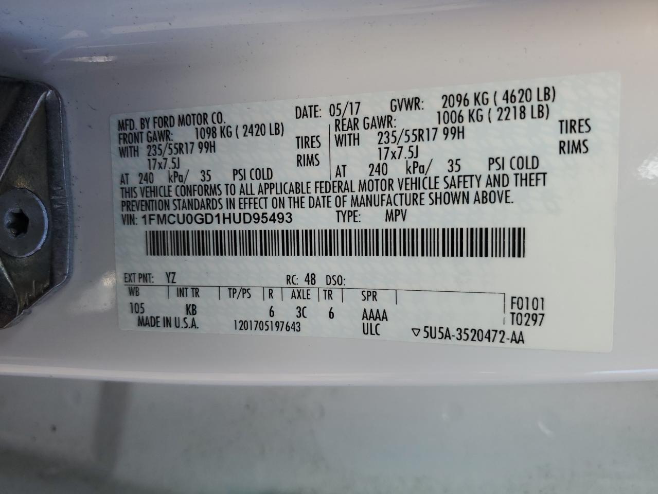 2017 Ford Escape VIN 1FMCU0GD1HUD95493 Copart auction photo, front end damage thumbnail 13