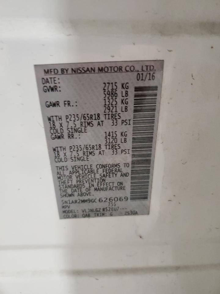 2016 Nissan Pathfinder VIN 5N1AR2MM9GC626069 Copart auction photo, front end / hail damage thumbnail 15