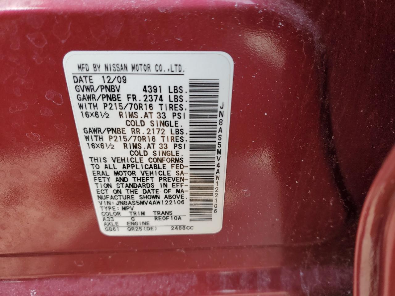 2010 Nissan Rogue VIN JN8AS5MV4AW122106 Copart auction photo, front end damage thumbnail 12