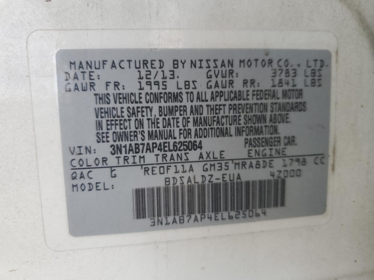 2014 Nissan Sentra VIN 3N1AB7AP4EL625064 Copart auction photo, front end damage thumbnail 14
