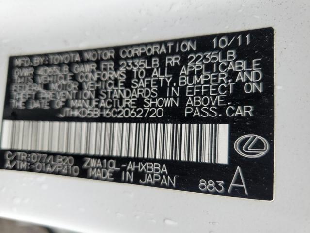 2012 Lexus CT VIN JTHKD5BH6C2062720 Copart auction photo, water/flood damage thumbnail 12