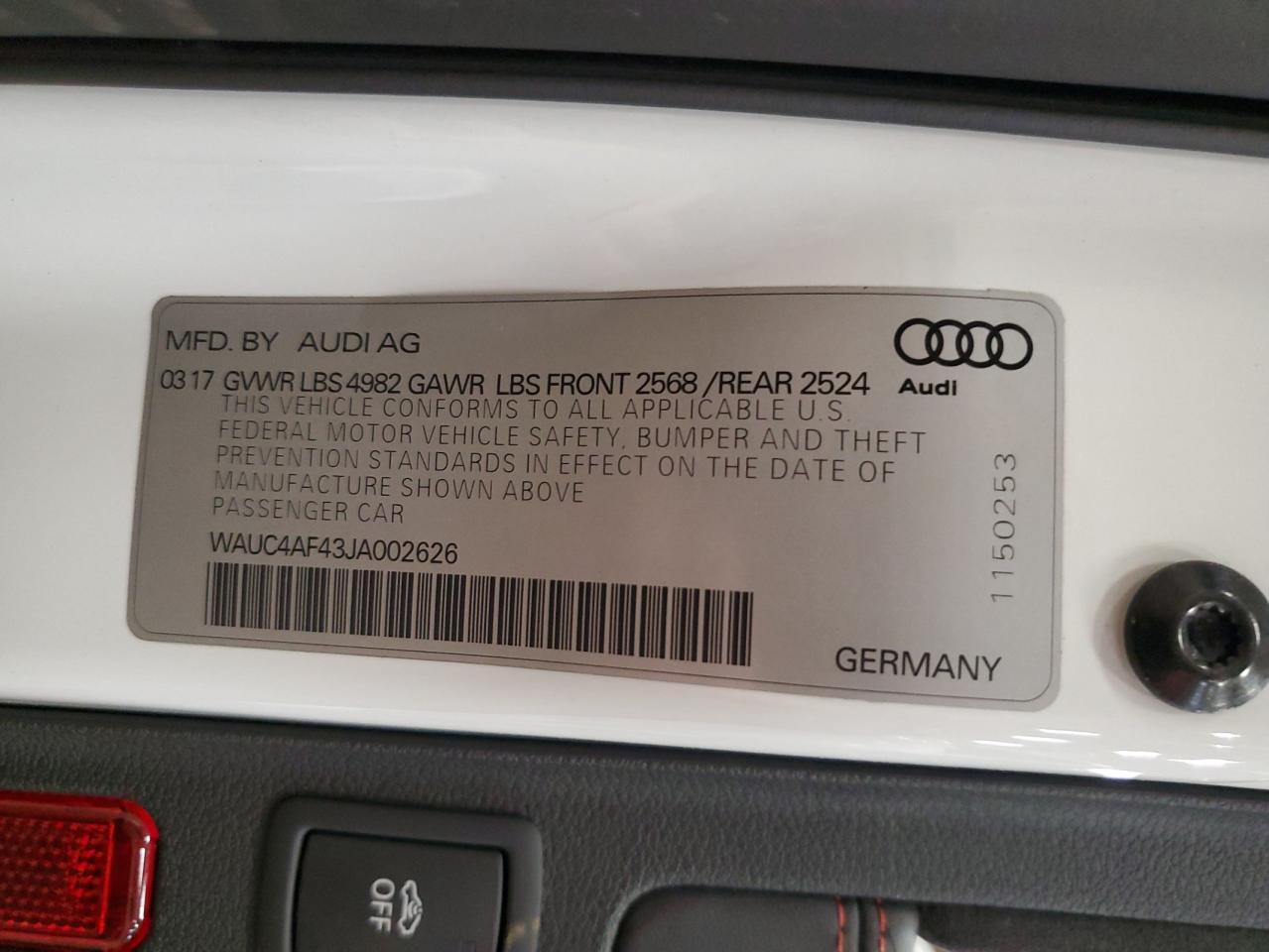 2018 Audi RS4 VIN WAUC4AF43JA002626 Copart auction photo, front end damage thumbnail 15