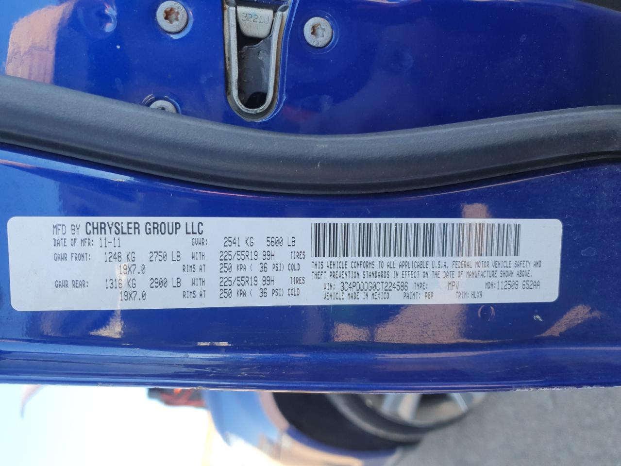 2012 Dodge Journey VIN 3C4PDDDG0CT224586 Copart auction photo, front end damage thumbnail 13
