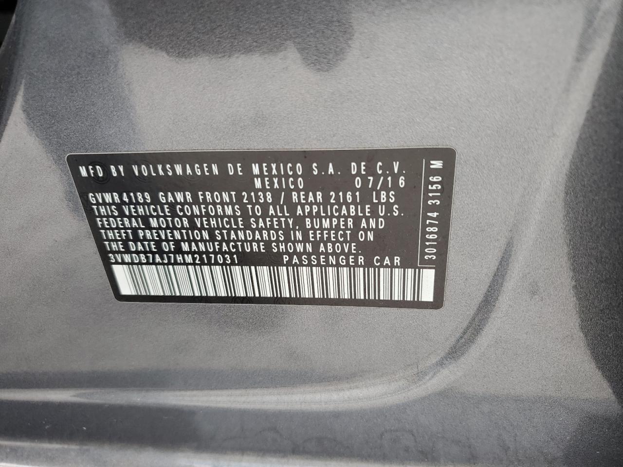 2017 Volkswagen Jetta VIN 3VWDB7AJ7HM217031 Copart auction photo, rear end damage thumbnail 12
