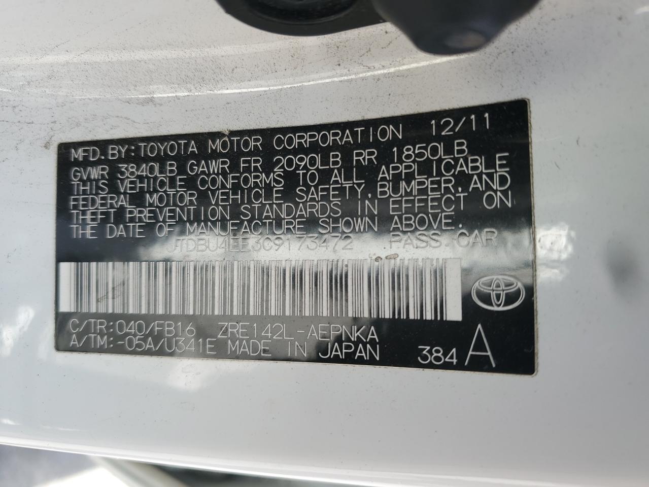 2012 Toyota Corolla VIN JTDBU4EE3C9173472 Copart auction photo, front end damage thumbnail 12