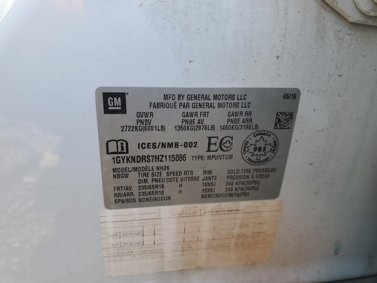 2017 Cadillac XT5 VIN 1GYKNDRS7HZ115086 Copart auction photo, side / rear end damage thumbnail 13