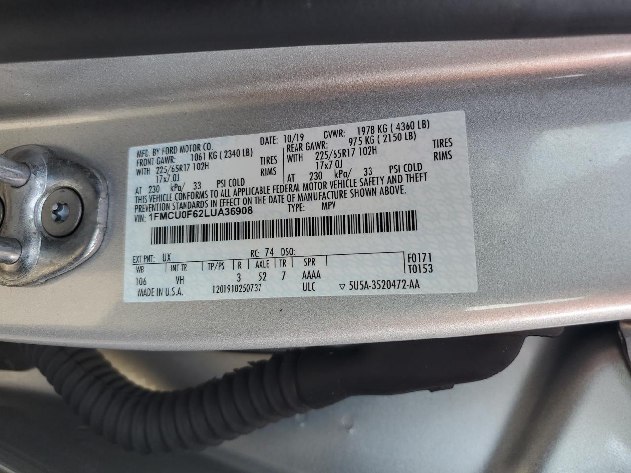 2020 Ford Escape VIN 1FMCU0F62LUA36908 Copart auction photo, side damage thumbnail 12