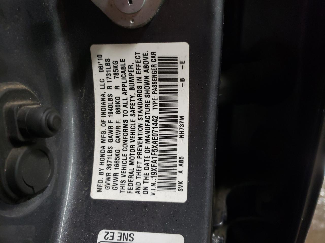 2010 Honda Civic VIN 19XFA1F5XAE071442 Copart auction photo, front end damage thumbnail 12