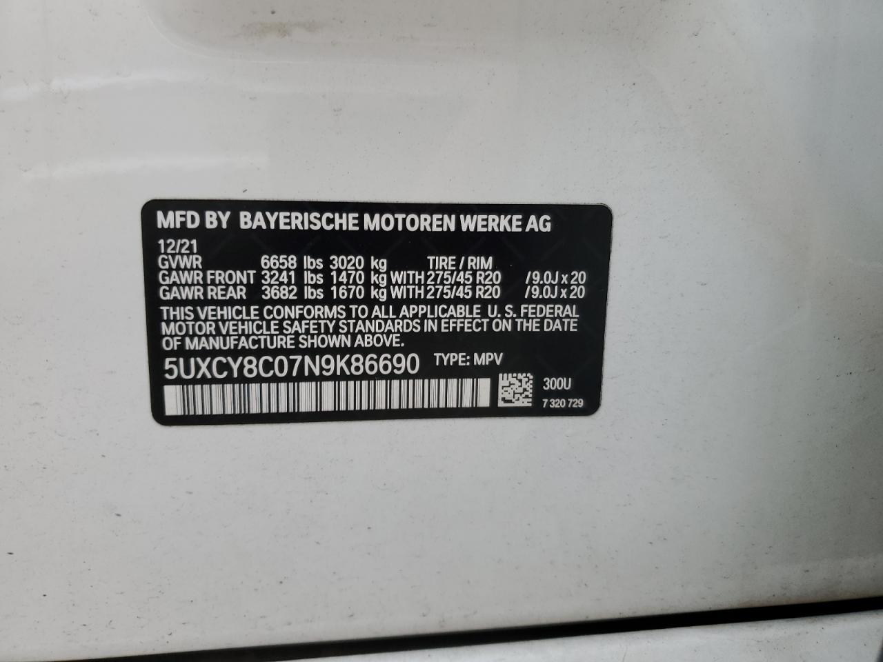 2022 BMW X6 VIN 5UXCY8C07N9K86690 Copart auction photo, water/flood damage thumbnail 14