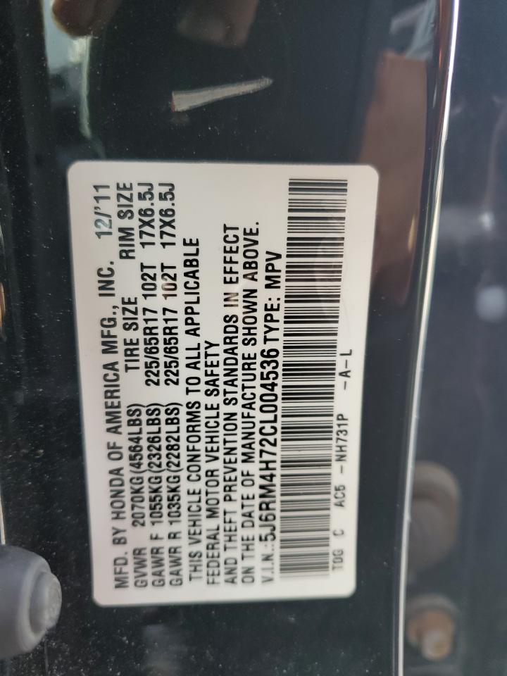 2012 Honda CR-V VIN 5J6RM4H72CL004536 Copart auction photo, front end damage thumbnail 13