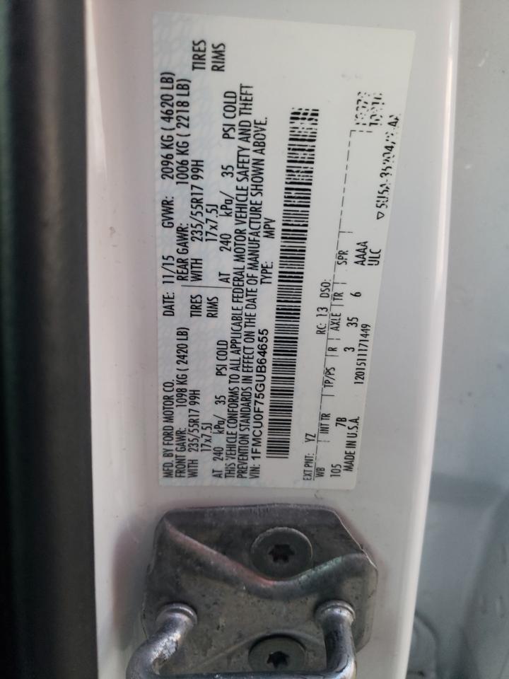 2016 Ford Escape VIN 1FMCU0F75GUB64655 Copart auction photo, front end damage thumbnail 13
