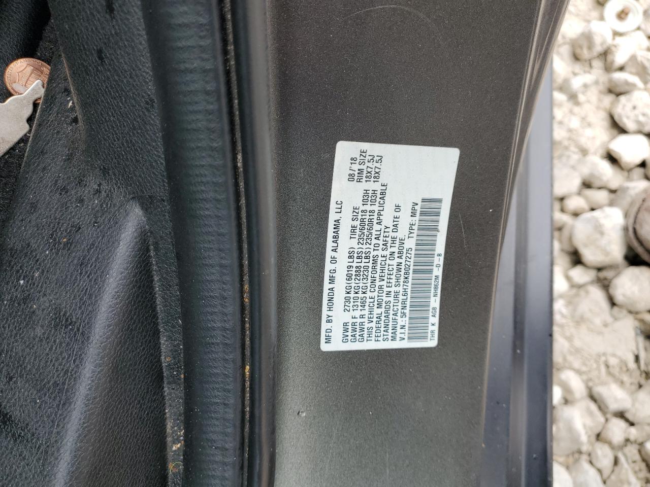 2019 Honda Odyssey VIN 5FNRL6H78KB027275 Copart auction photo, rear end damage thumbnail 13
