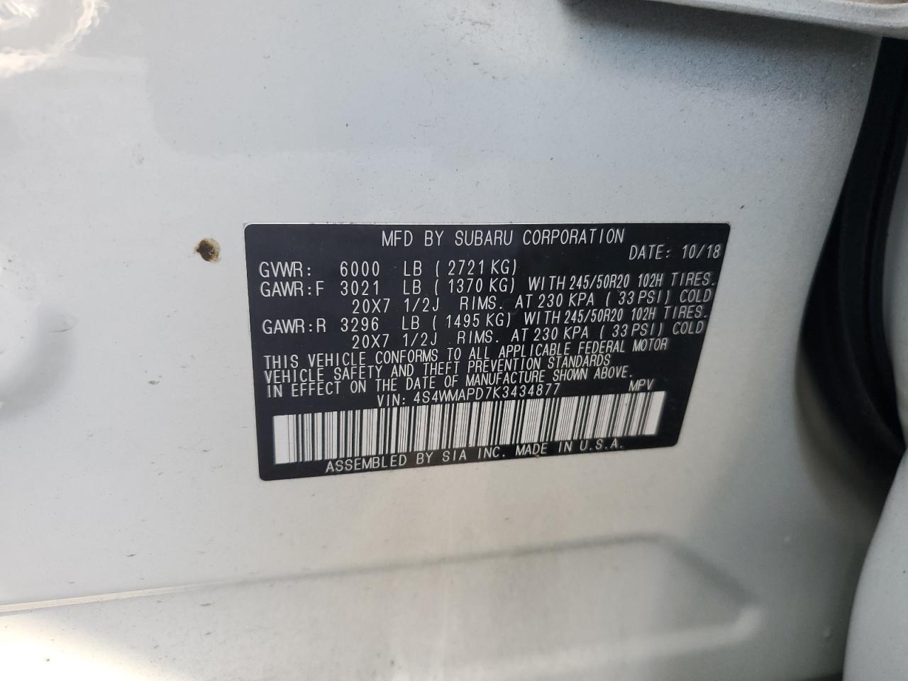 2019 Subaru Ascent VIN 4S4WMAPD7K3434877 Copart auction photo, front end damage thumbnail 13