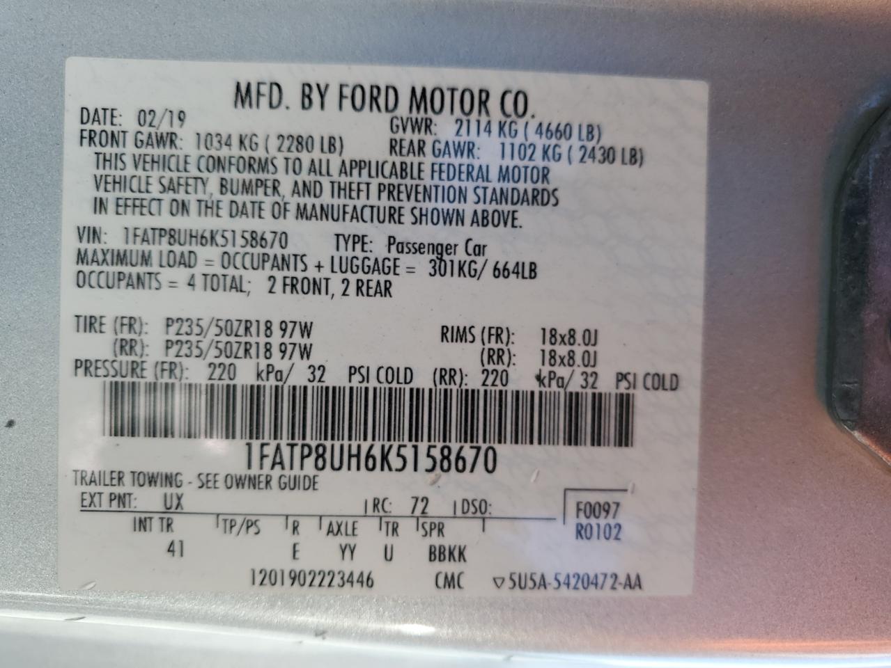 2019 Ford Mustang VIN 1FATP8UH6K5158670 Copart auction photo, side damage thumbnail 12