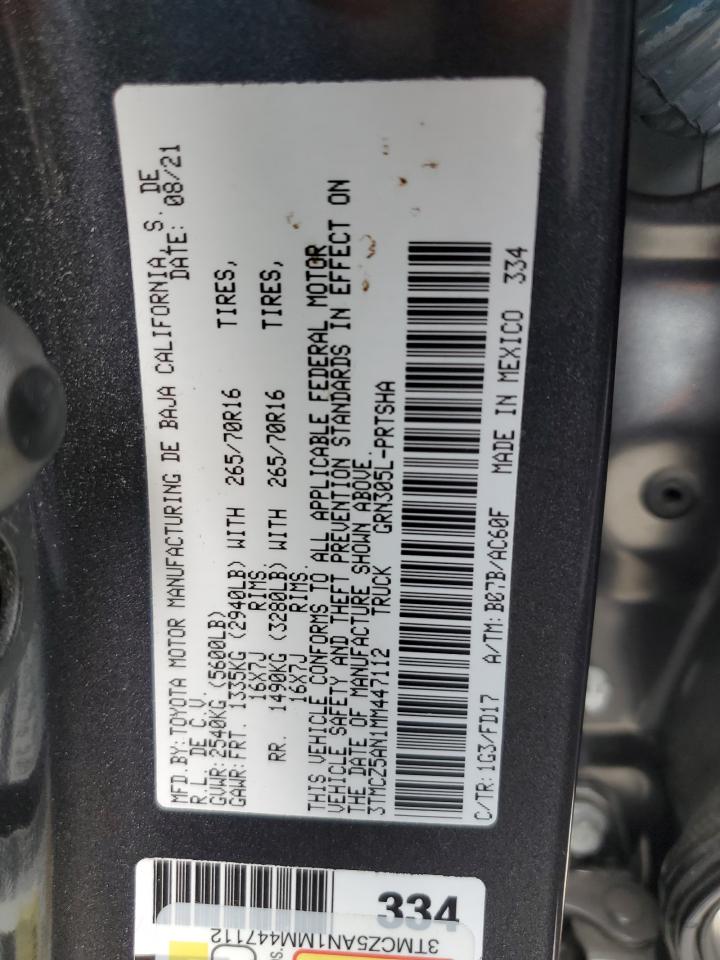 2021 Toyota Tacoma VIN 3TMCZ5AN1MM447112 Copart auction photo, rear end / front end damage thumbnail 14