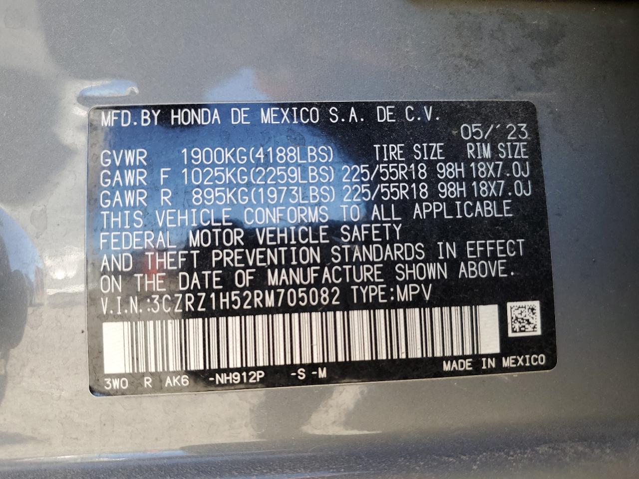 2024 Honda HR-V VIN 3CZRZ1H52RM705082 Copart auction photo, rear end damage thumbnail 12
