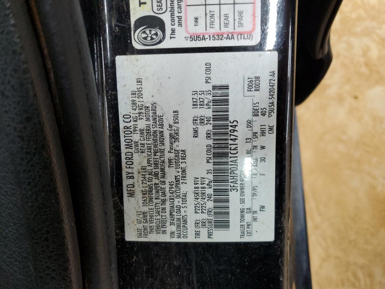 2012 Ford Fusion VIN 3FAHP0JA1CR147945 Copart auction photo, front end / rejected repair damage thumbnail 12