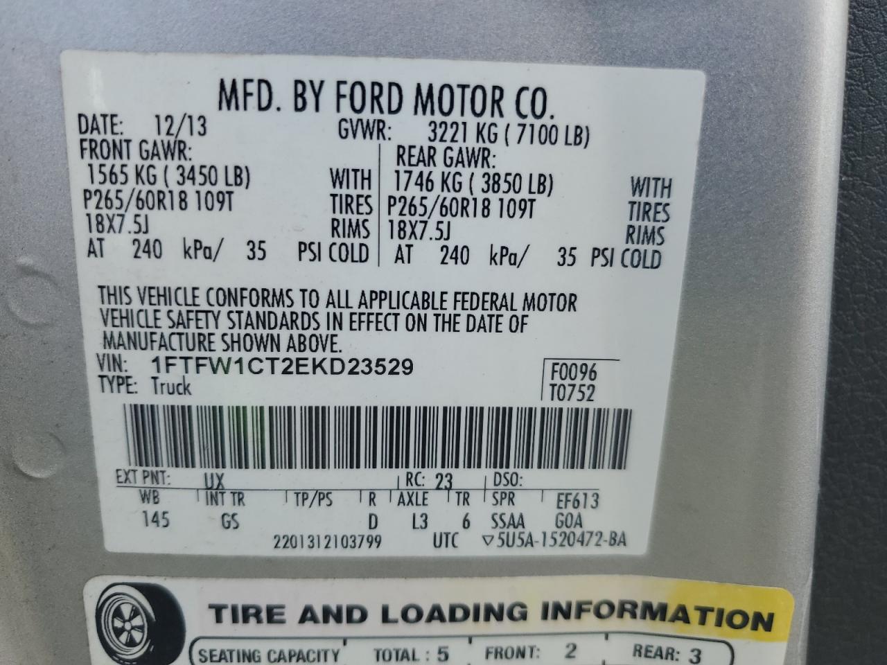 2014 Ford F-150 VIN 1FTFW1CT2EKD23529 Copart auction photo, front end / minor dent/scratches damage thumbnail 14