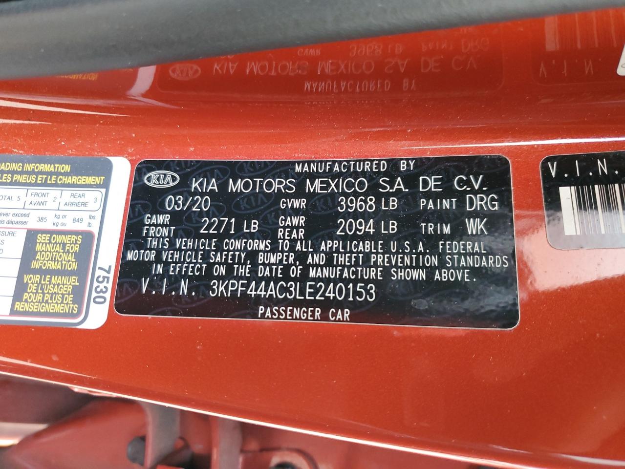 2020 KIA Forte VIN 3KPF44AC3LE240153 Copart auction photo, all over damage thumbnail 14