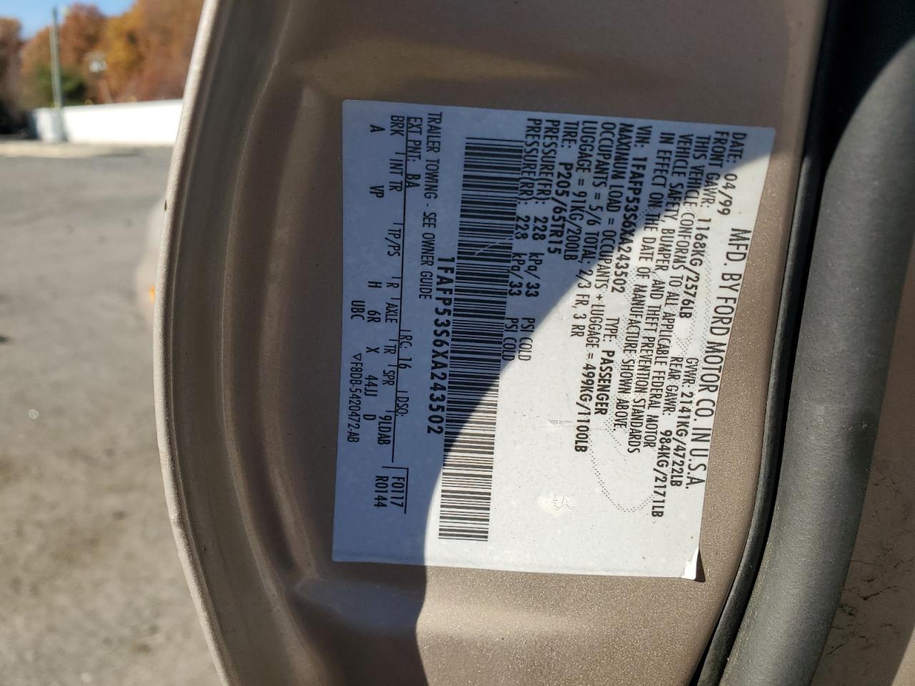 1999 Ford Taurus VIN 1FAFP53S6XA243502 Copart auction photo, rear end damage thumbnail 15