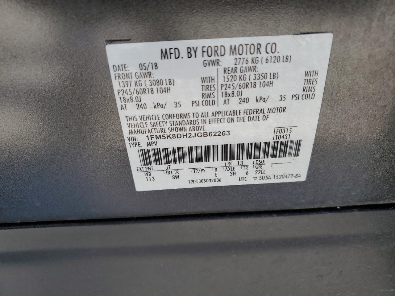 2018 Ford Explorer VIN 1FM5K8DH2JGB62263 Copart auction photo, front end damage thumbnail 13