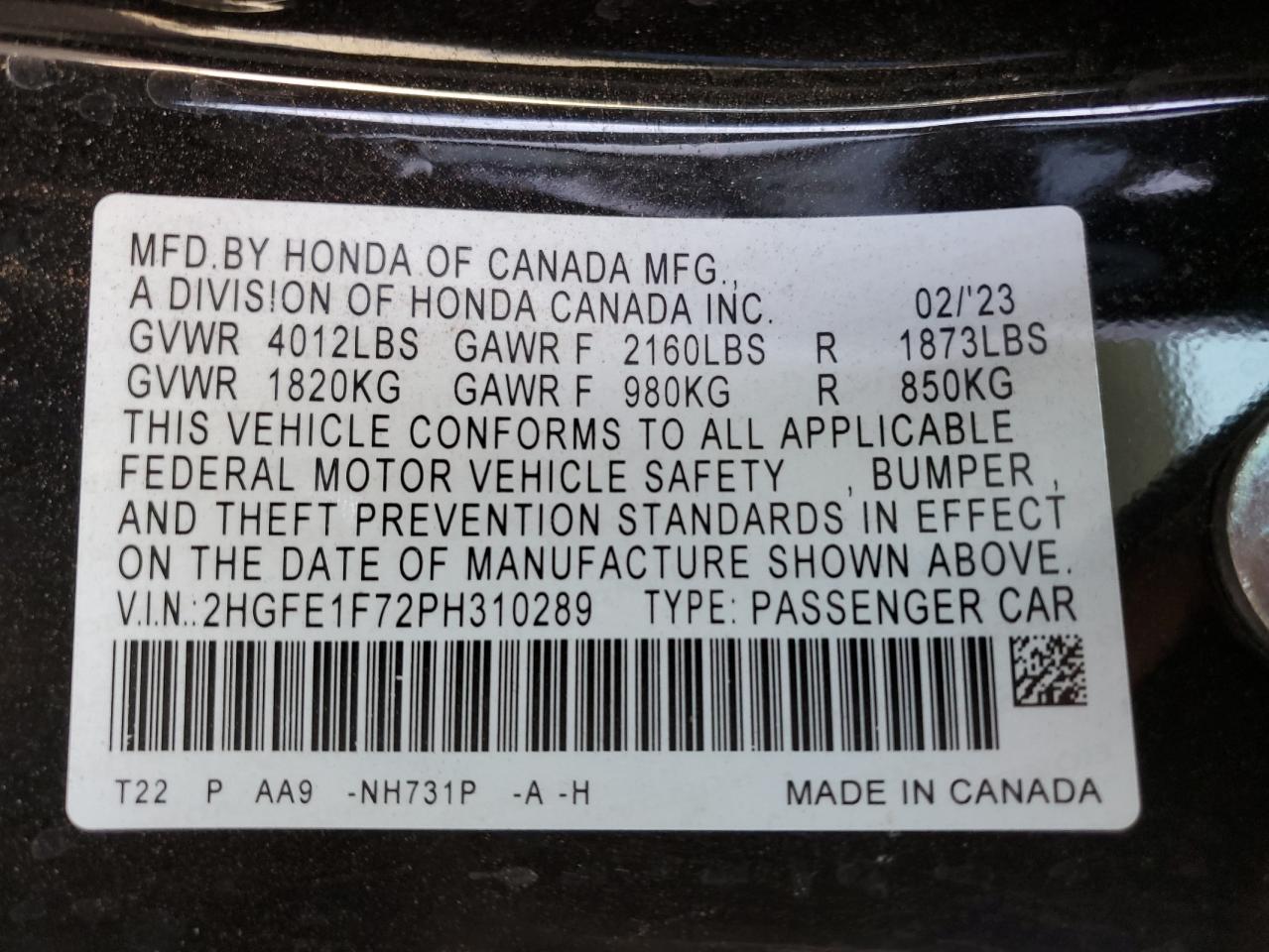2023 Honda Civic VIN 2HGFE1F72PH310289 Copart auction photo, rear end damage thumbnail 12
