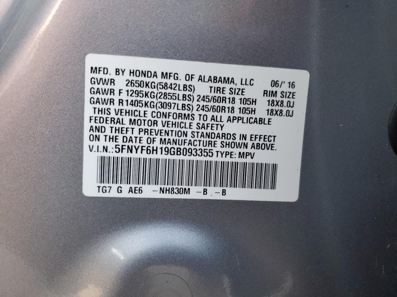 2016 Honda Pilot VIN 5FNYF6H19GB093355 Copart auction photo, front end damage thumbnail 15
