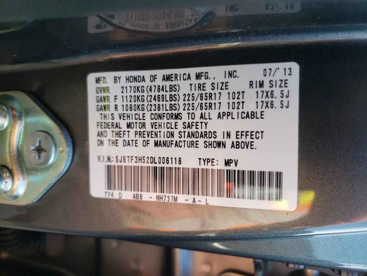 2013 Honda Crosstour VIN 5J6TF3H52DL006118 Copart auction photo, front end damage thumbnail 13