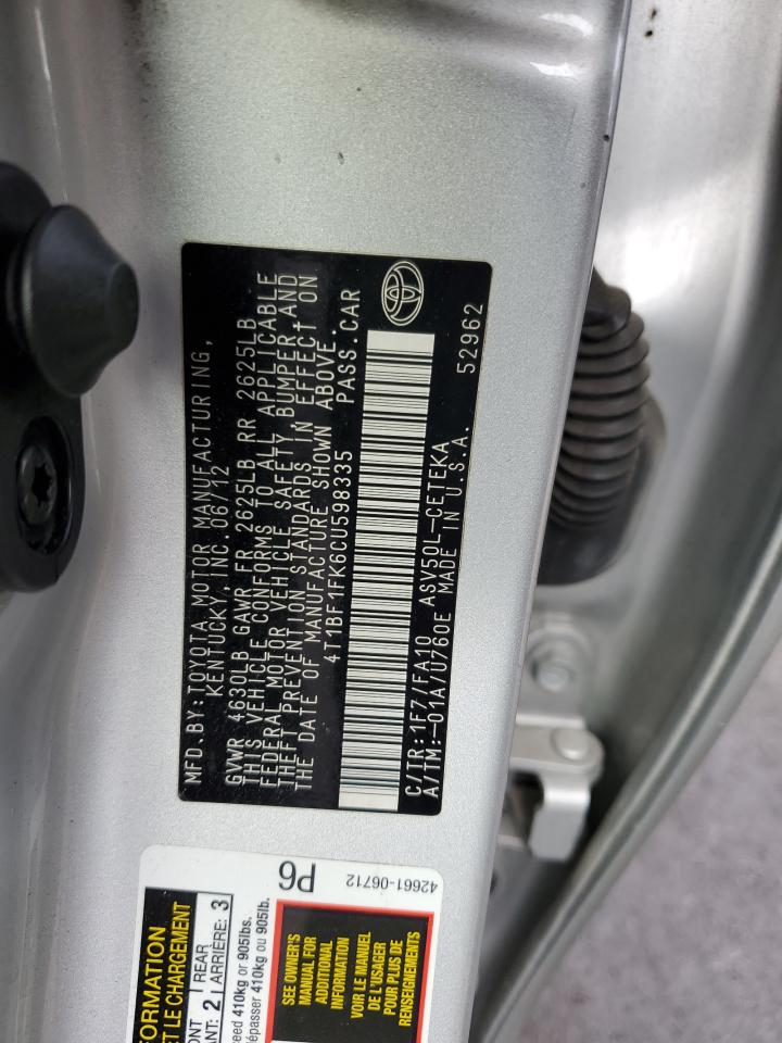 2012 Toyota Camry VIN 4T1BF1FK6CU598335 Copart auction photo, front end damage thumbnail 12