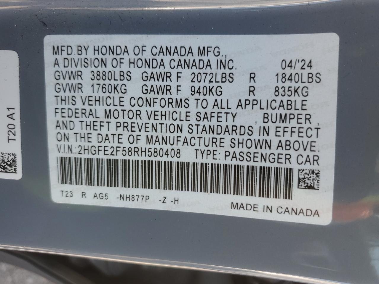 2024 Honda Civic VIN 2HGFE2F58RH580408 Copart auction photo, rear end / front end damage thumbnail 12