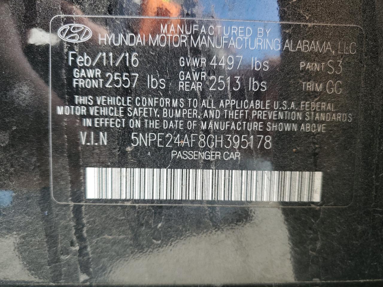 2016 Hyundai Sonata VIN 5NPE24AF8GH395178 Copart auction photo, burn damage thumbnail 12