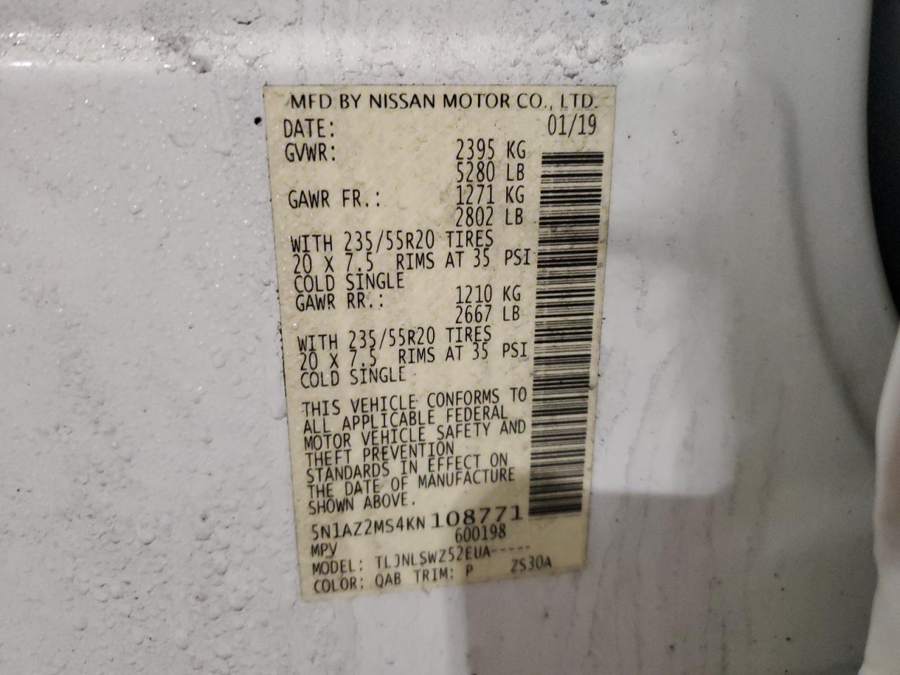2019 Nissan Murano VIN 5N1AZ2MS4KN108771 Copart auction photo, front end damage thumbnail 13
