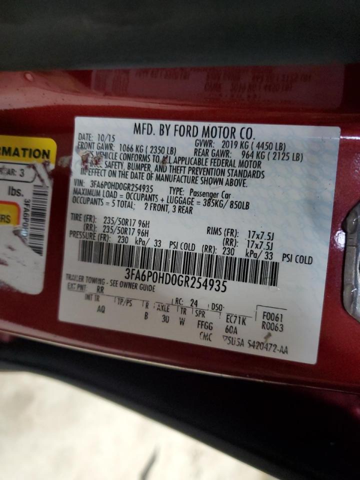 2016 Ford Fusion VIN 3FA6P0HD0GR254935 Copart auction photo, front end damage thumbnail 15