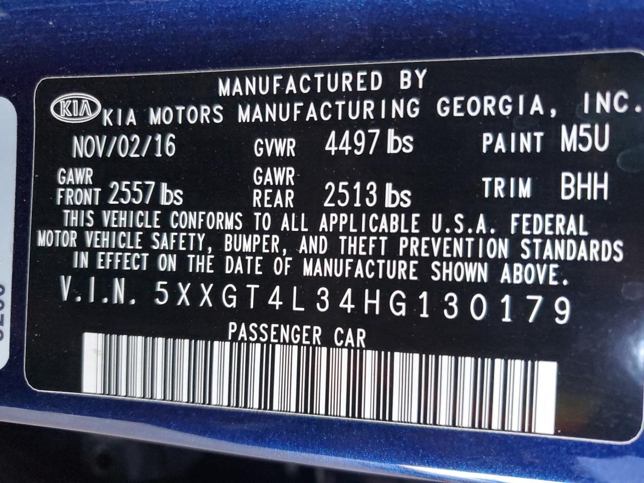 2017 KIA Optima VIN 5XXGT4L34HG130179 Copart auction photo, side / front end damage thumbnail 12