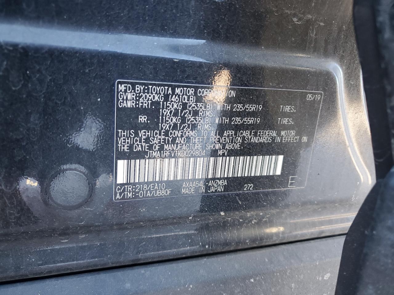 2019 Toyota RAV 4 VIN JTMA1RFV1KD029804 Copart auction photo, rear end damage thumbnail 15