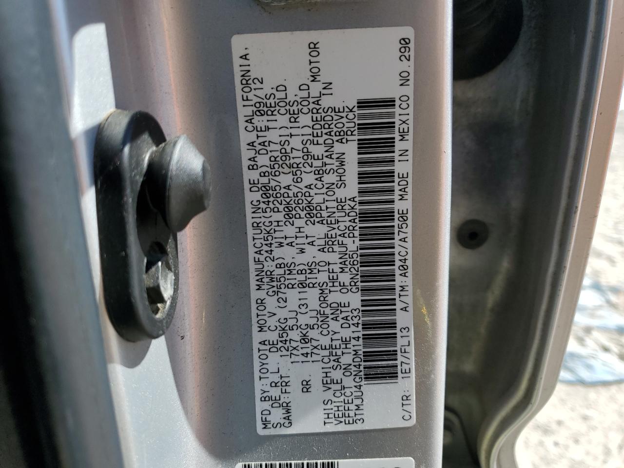 2013 Toyota Tacoma VIN 3TMJU4GN4DM141433 Copart auction photo, water/flood / side damage thumbnail 13