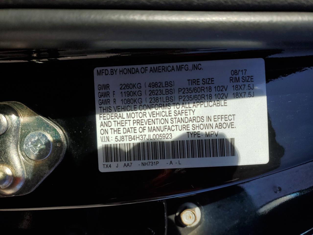 2018 Acura RDX VIN 5J8TB4H37JL005923 Copart auction photo, top/roof damage thumbnail 12